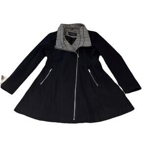 Guess Womens Sz XL BLK Wool Full Zip Up Herringbone Collar Long Tunic Moto Coat
